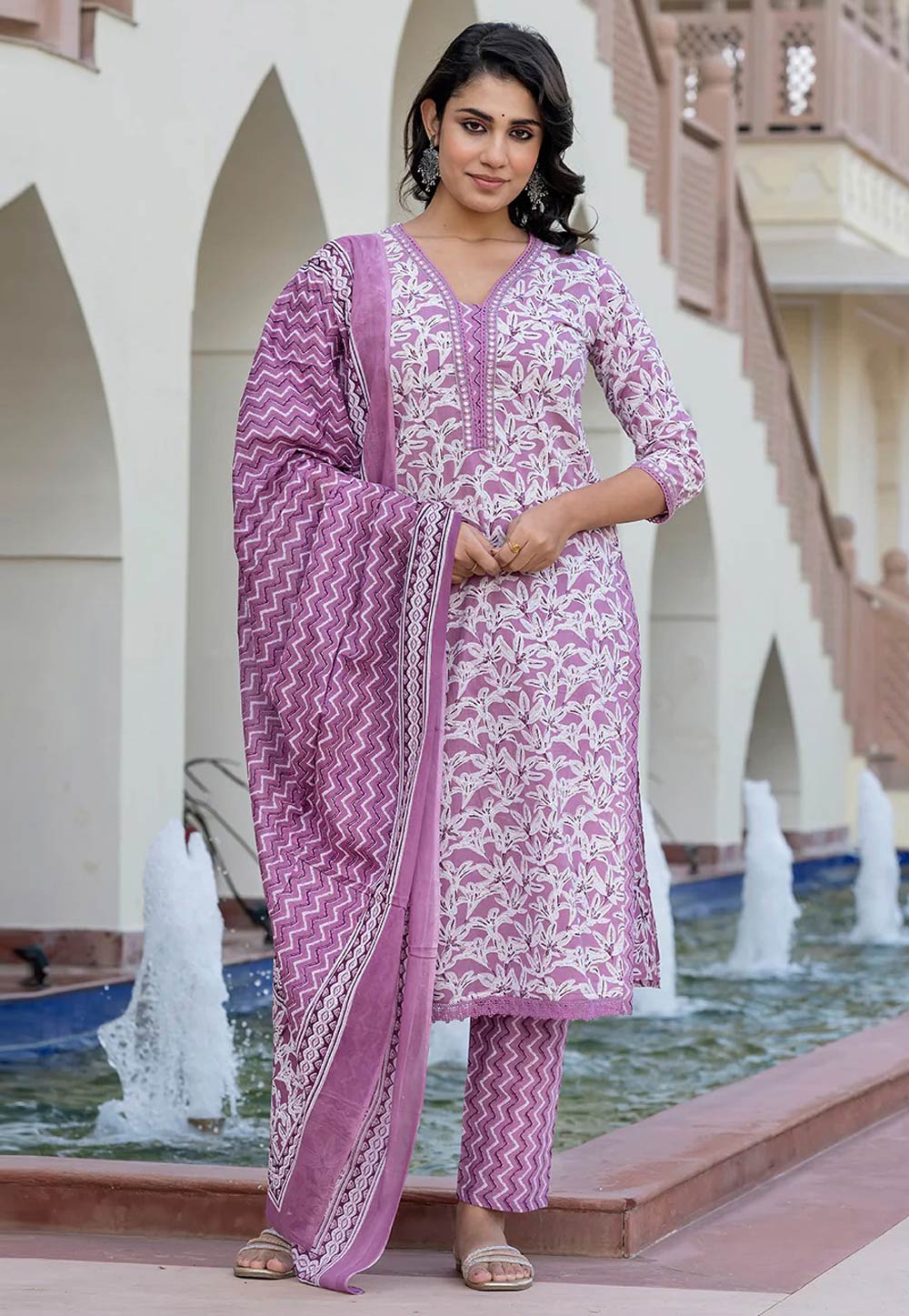 Lavender Cotton Readymade Pant Style Suit 308068