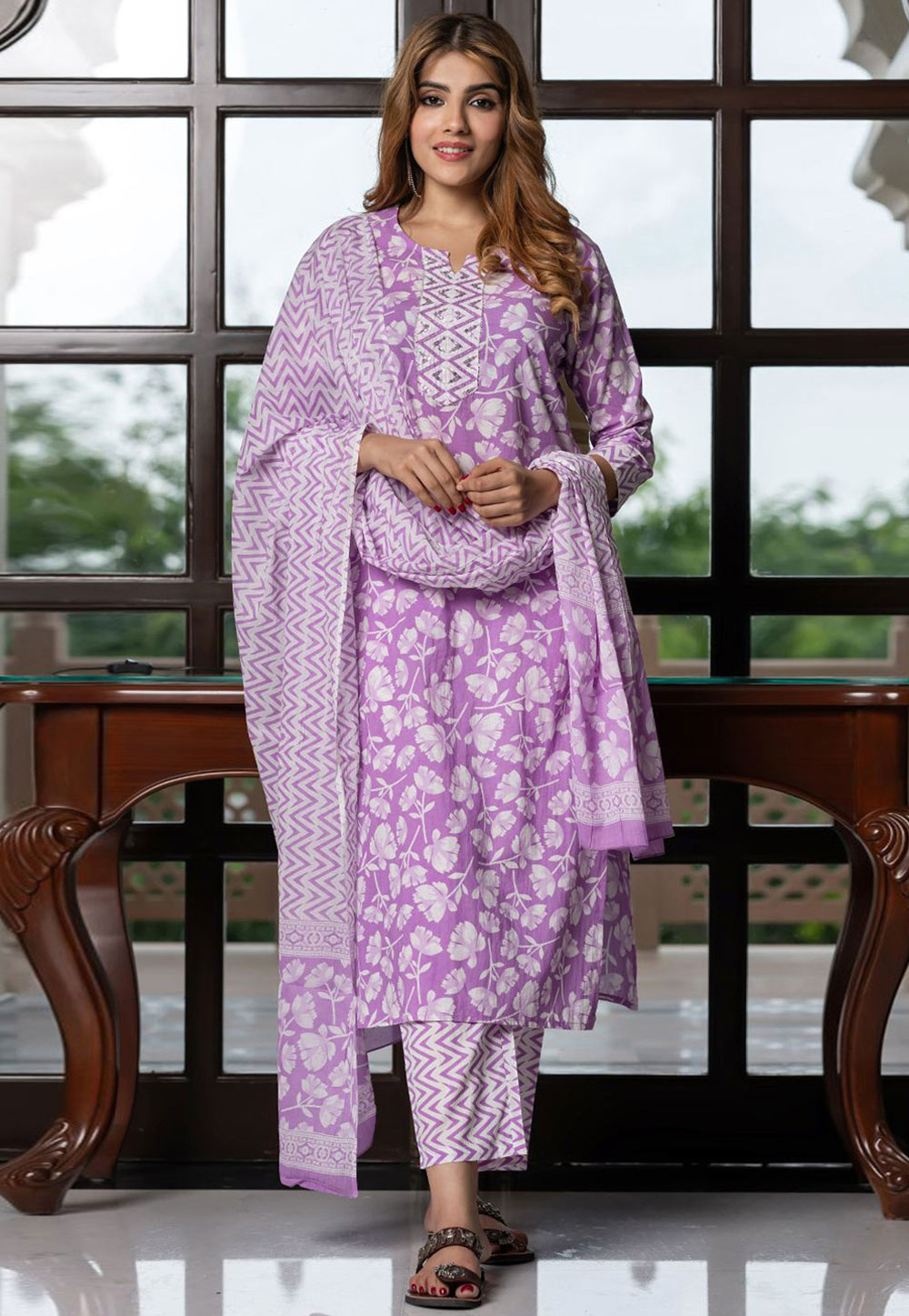 Lavender Cotton Readymade Pant Style Suit 319542