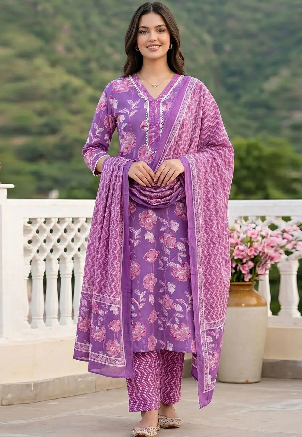 Lavender Cotton Readymade Pant Style Suit 331019