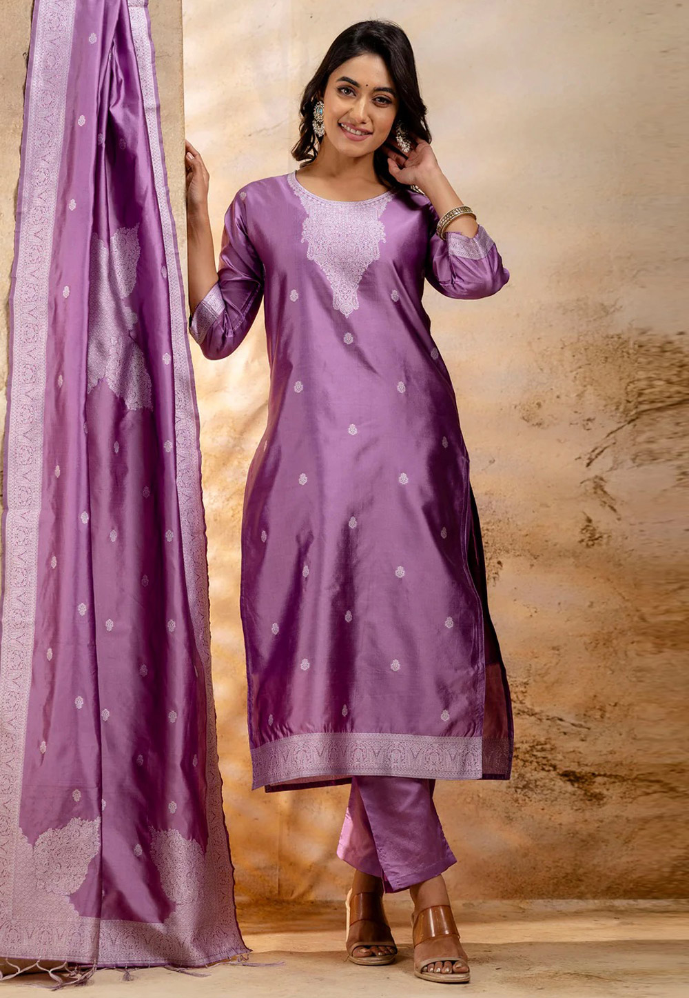 Lavender Cotton Readymade Pant Style Suit 308917