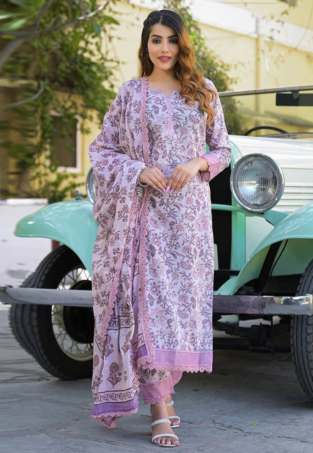 Lavender Cotton Readymade Pant Style Suit 319091