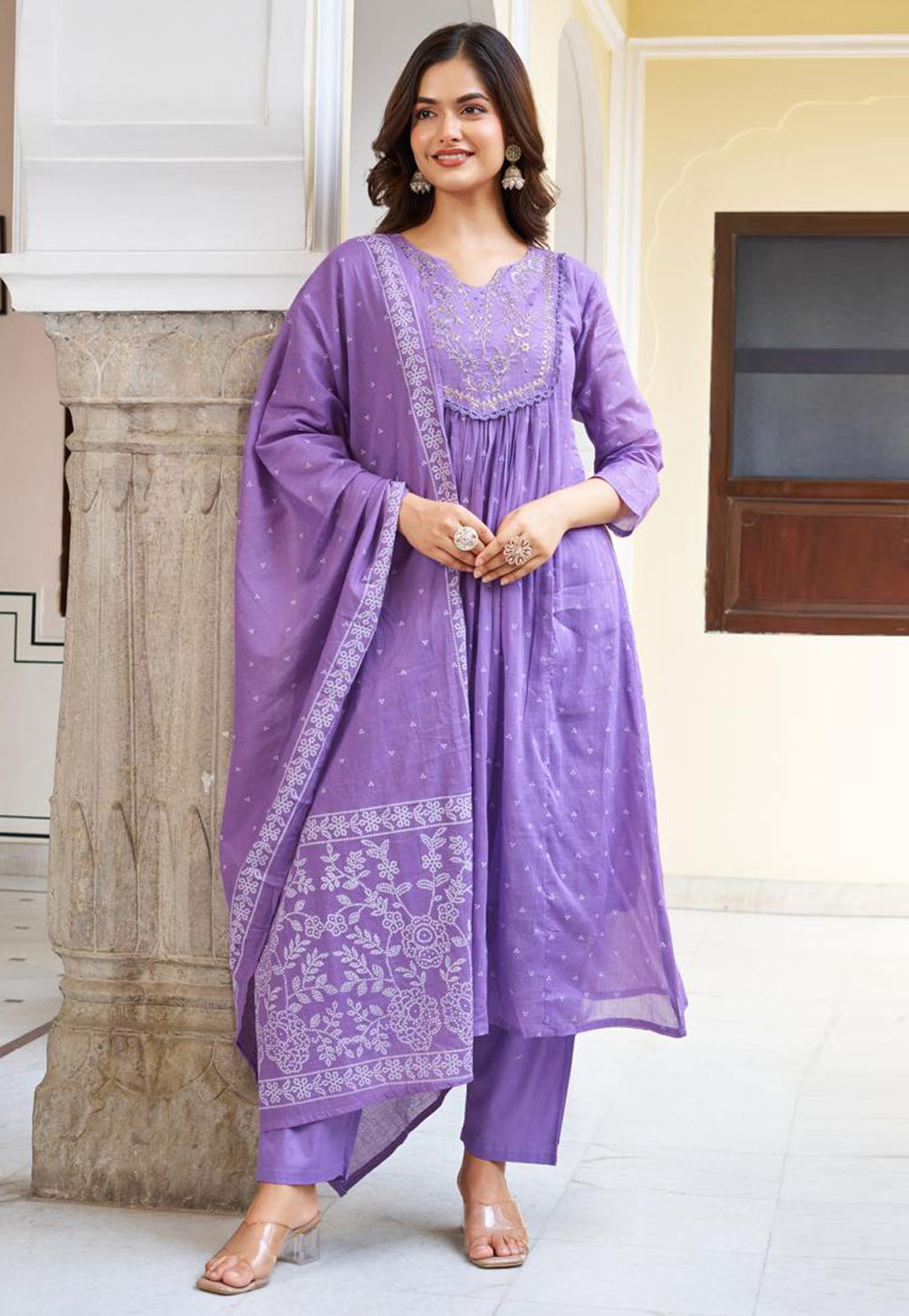 Lavender Cotton Readymade Pant Style Suit 312341