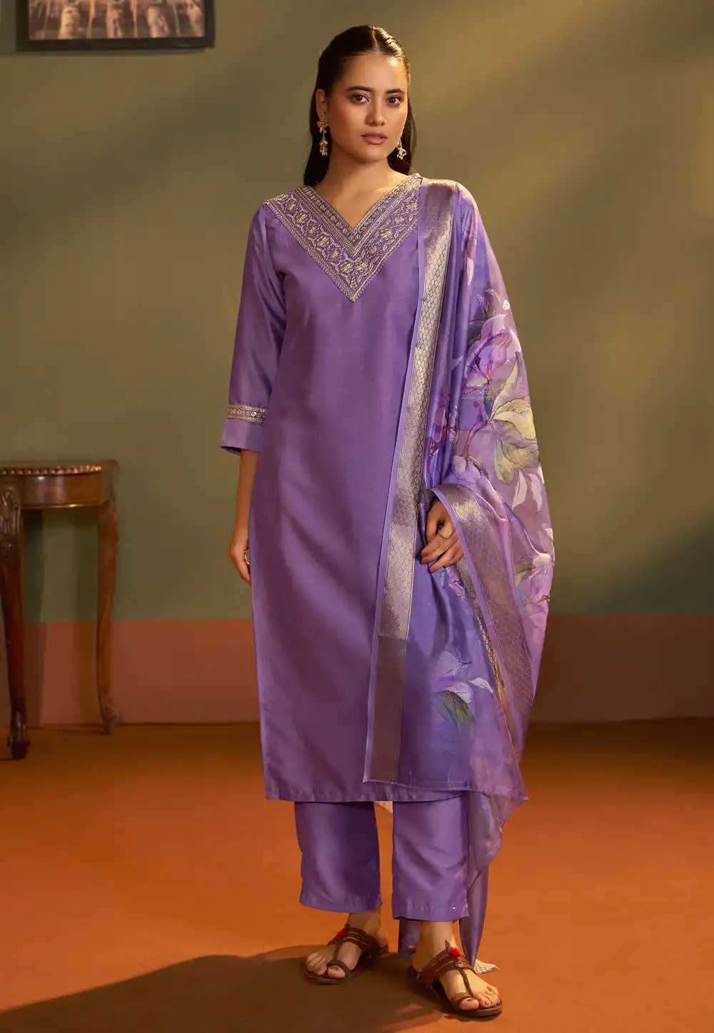 Lavender Cotton Readymade Pant Style Suit 321852