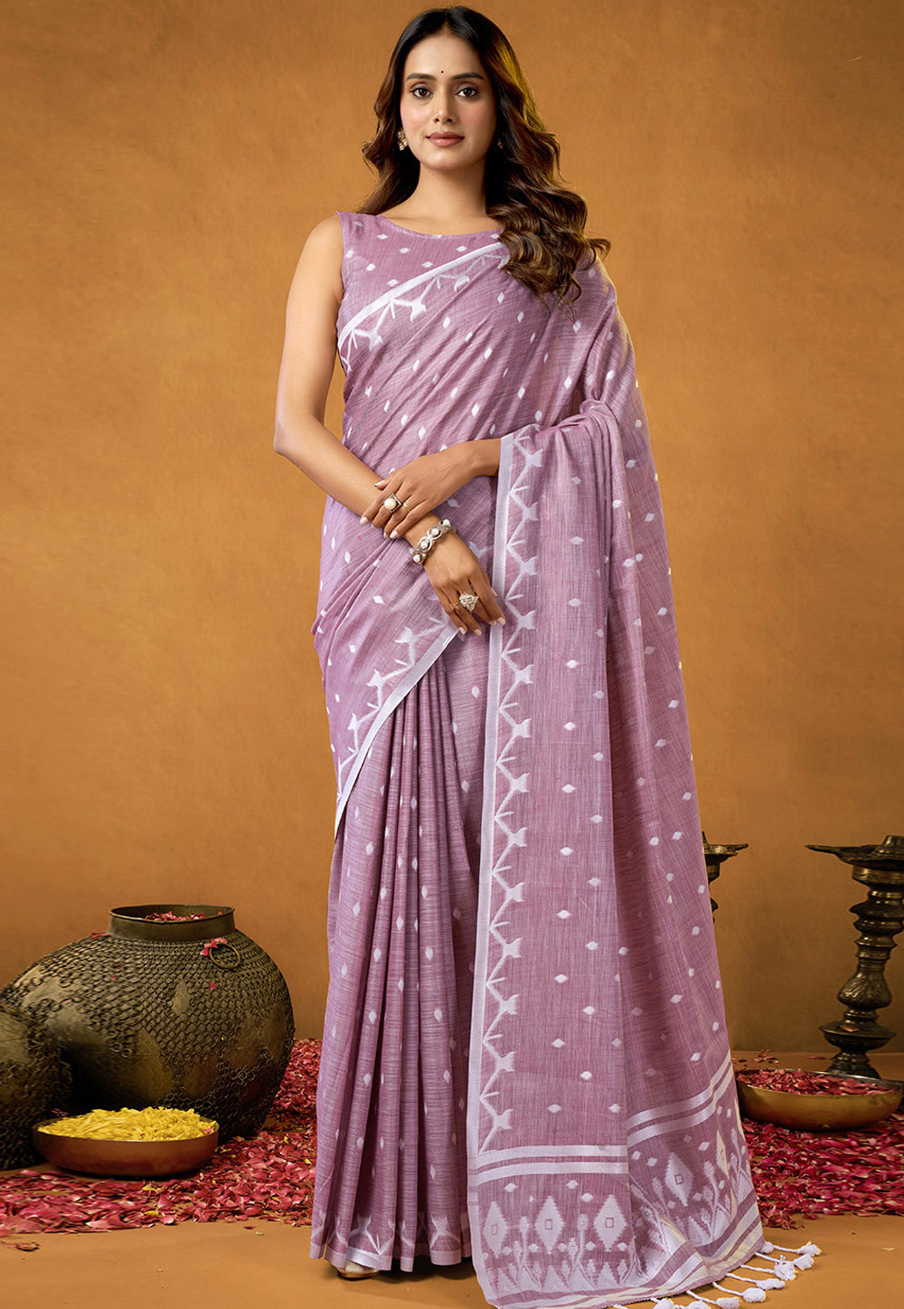 Lavender Cotton Saree With Blouse 312519