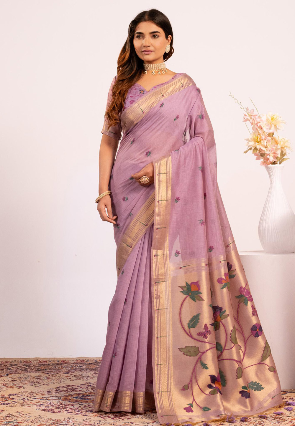 Lavender Cotton Saree With Blouse 323205