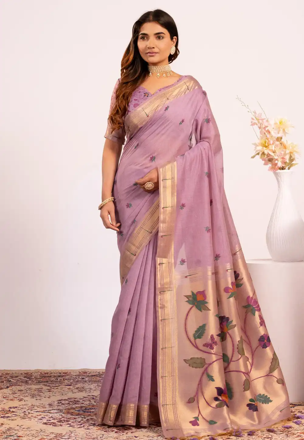 Lavender Cotton Saree With Blouse 323205