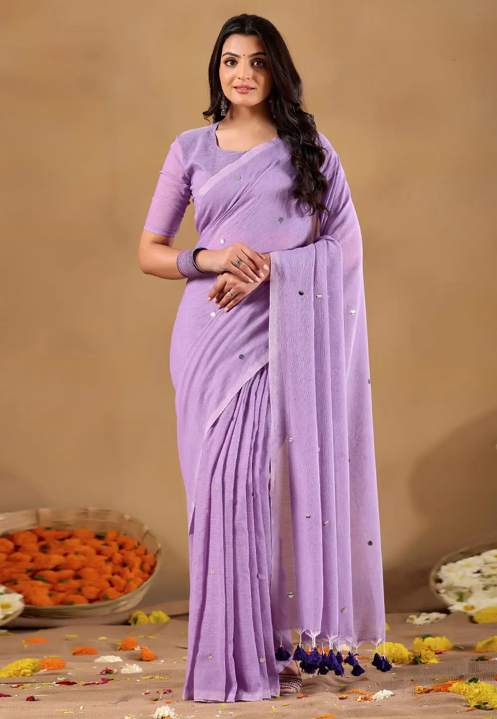 Lavender Cotton Saree With Blouse 332685