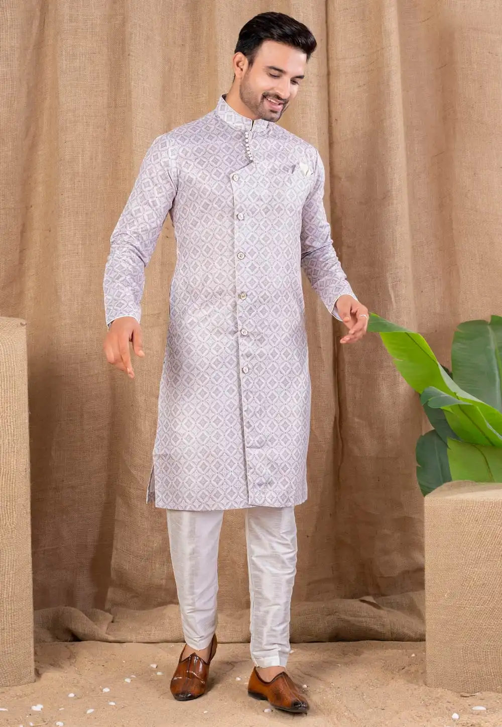 Lavender Cotton Silk Indo Western Suit 316485