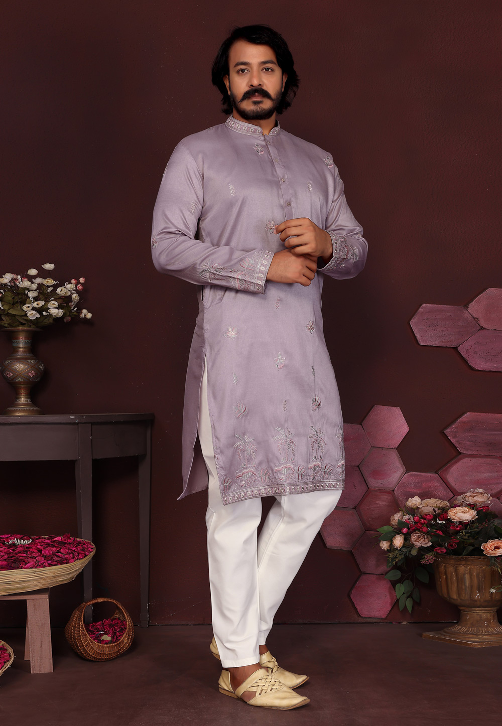 Lavender Cotton Silk Kurta Pajama 322093