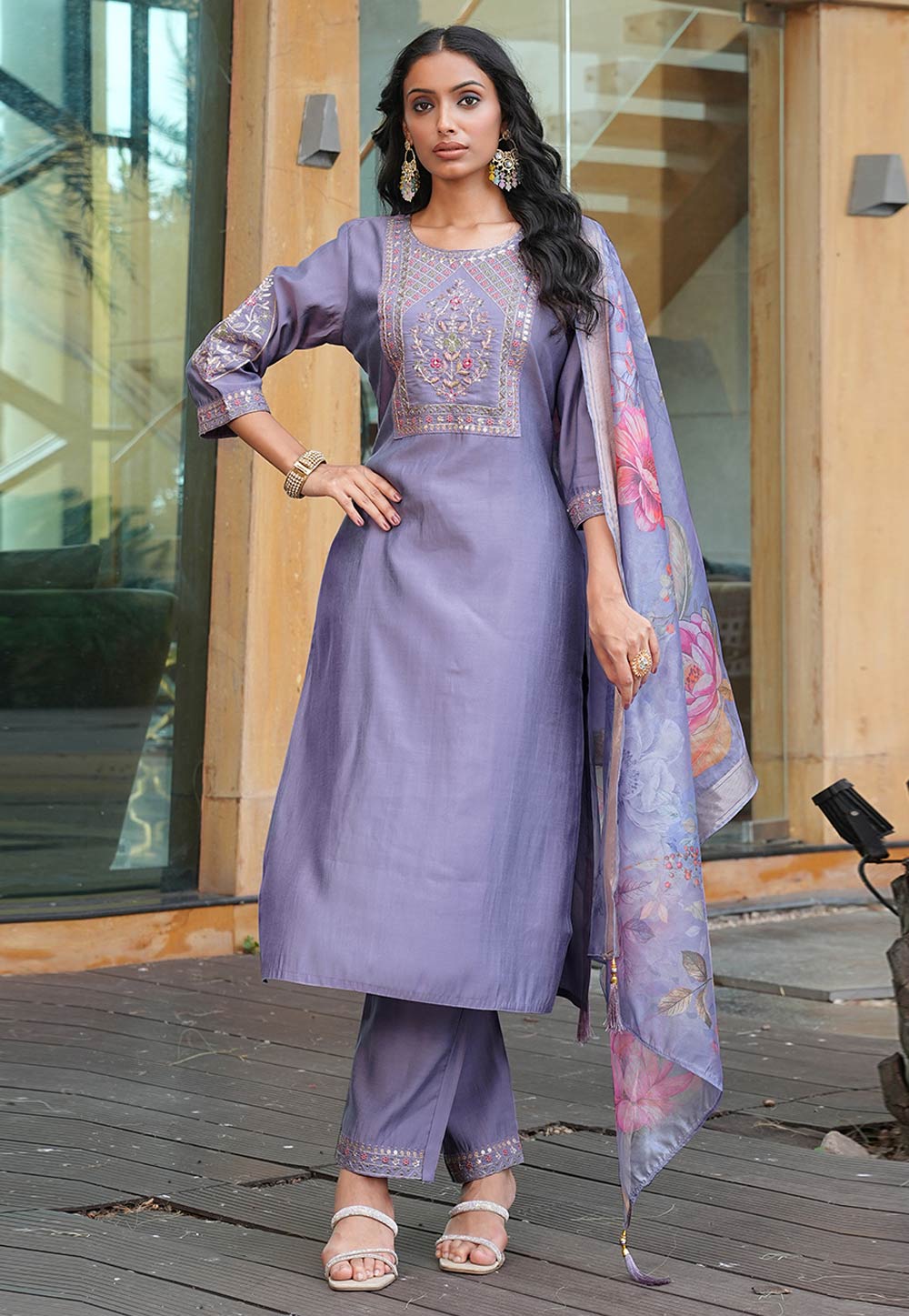 Lavender Cotton Silk Readymade Pant Style Suit 321722