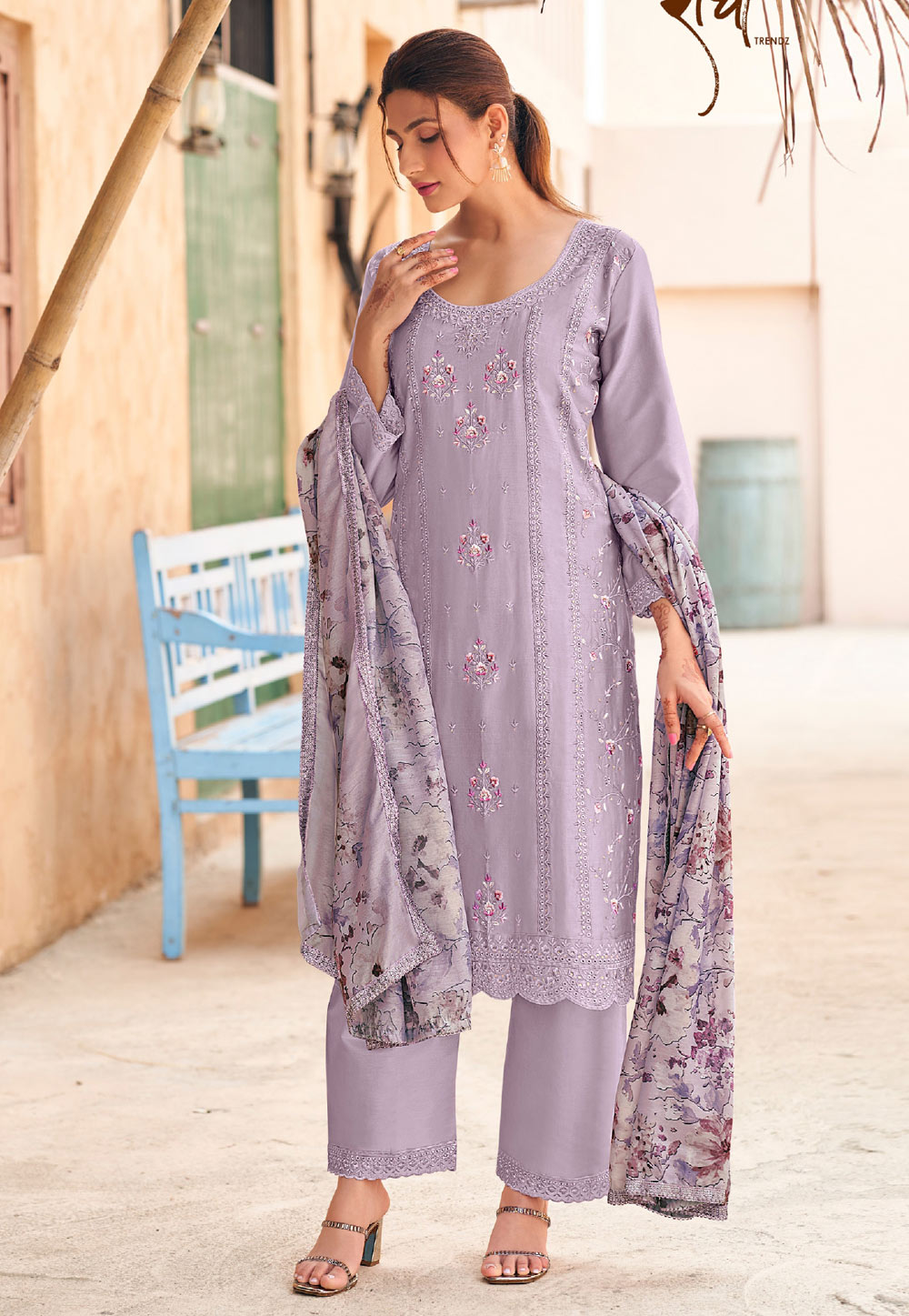 Lavender Cotton Straight Suit 310624