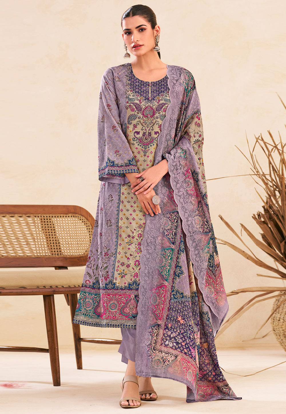 Lavender Cotton Straight Suit 327935