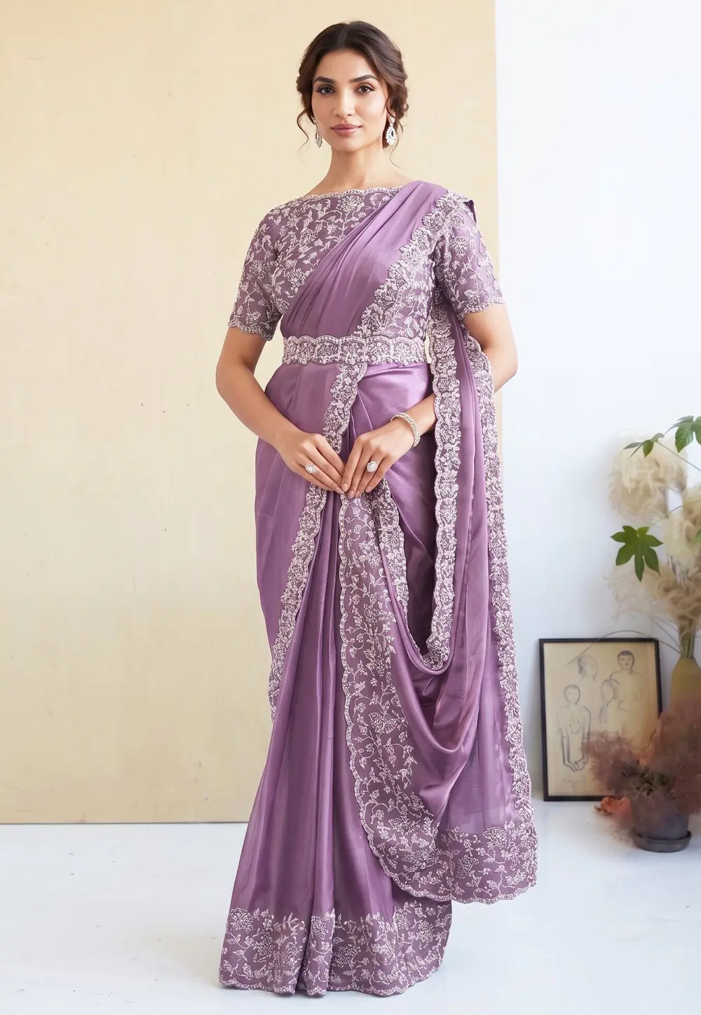 Lavender Crepe Lehenga Saree 331758