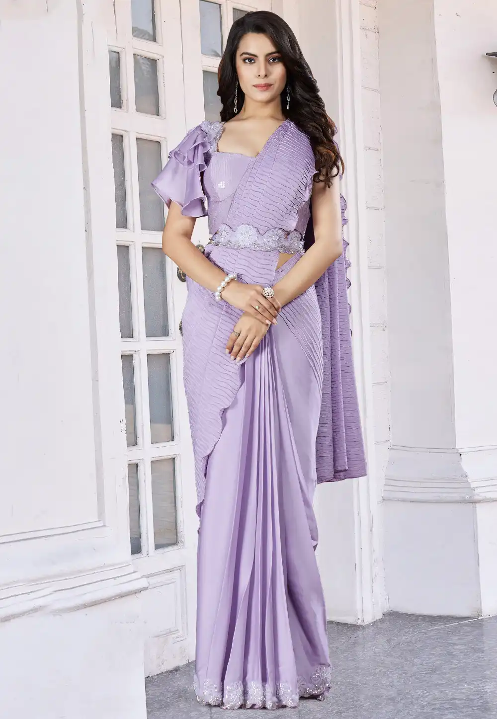 Lavender Crepe Lehenga Saree 311312