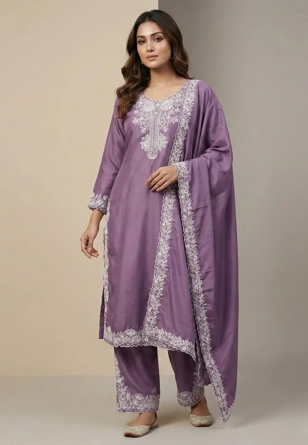 Lavender Crepe Readymade Pakistani Suit 323894