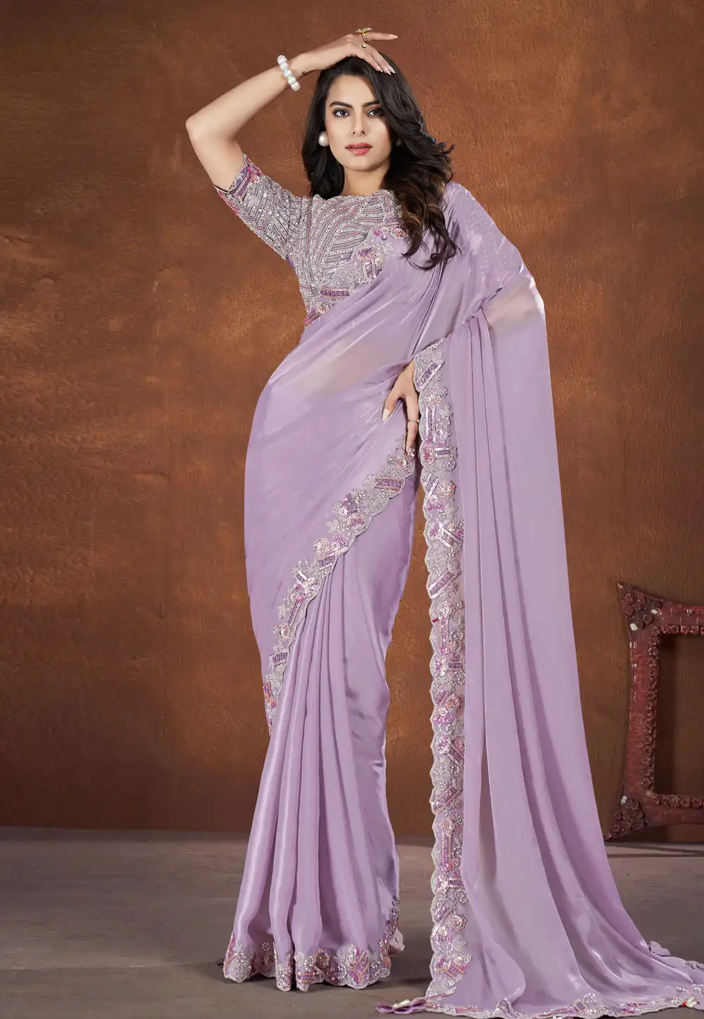Lavender Crepe Satin Saree With Blouse 285152