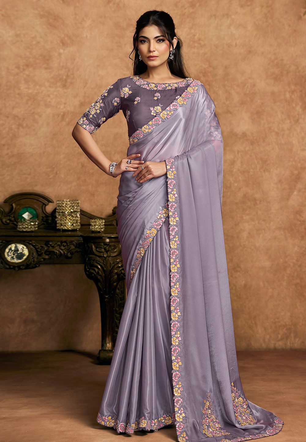 Lavender Crepe Satin Saree With Blouse 326460