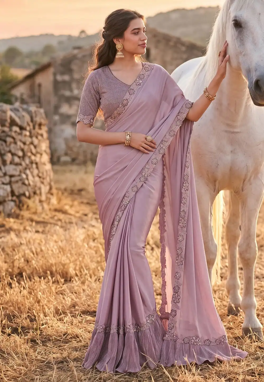 Lavender Crepe Silk Saree With Blouse 327785