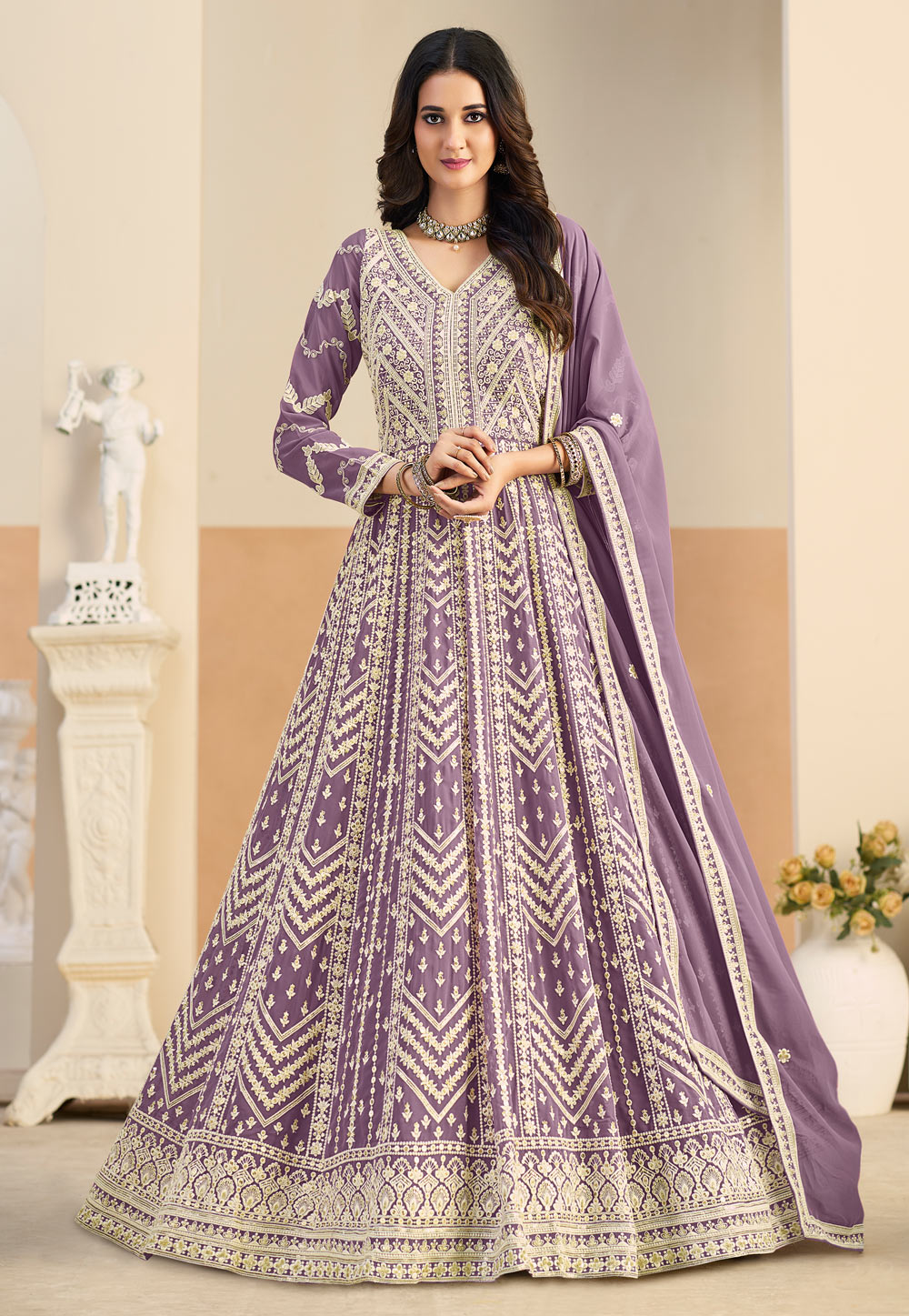 Lavender Faux Georgette Embroidered Anarkali Suit 325090