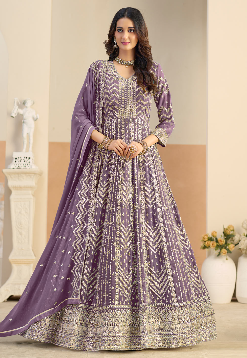 Lavender Faux Georgette Embroidered Anarkali Suit 325577