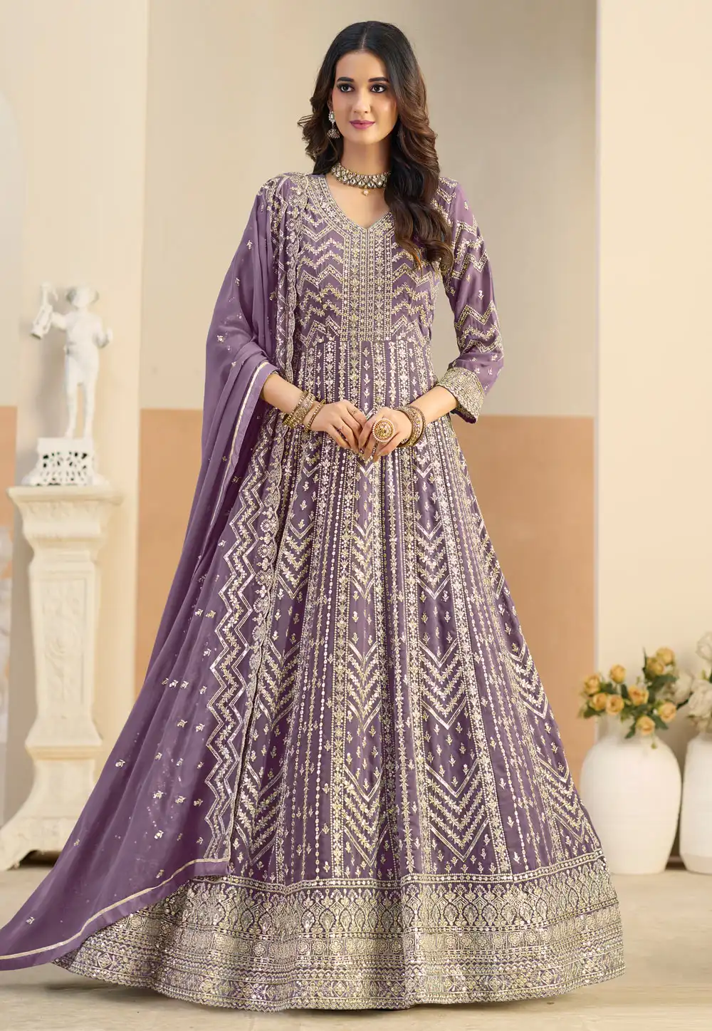 Lavender Faux Georgette Embroidered Anarkali Suit 325577