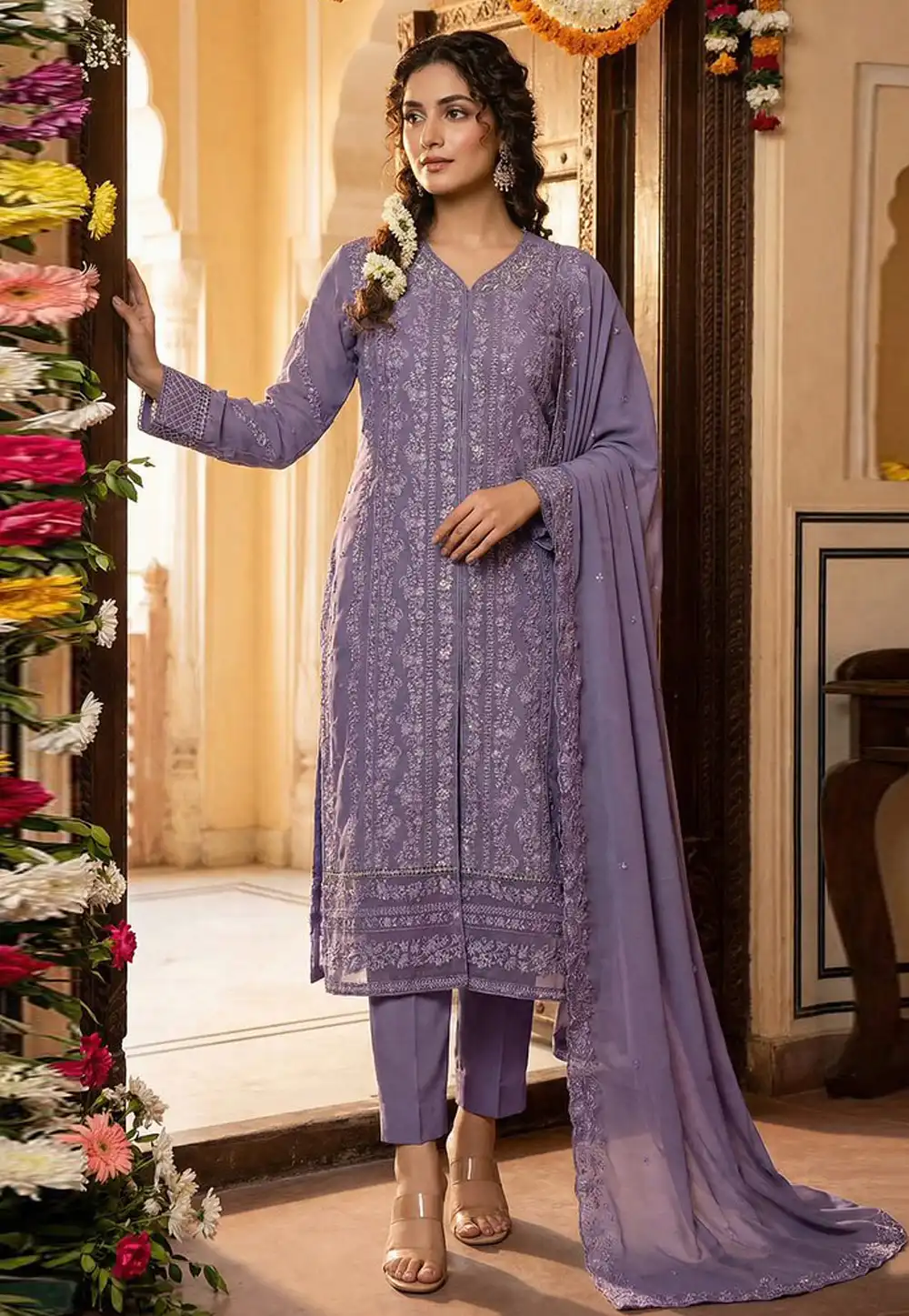 Lavender Faux Georgette Embroidered Pant Style Suit 326985