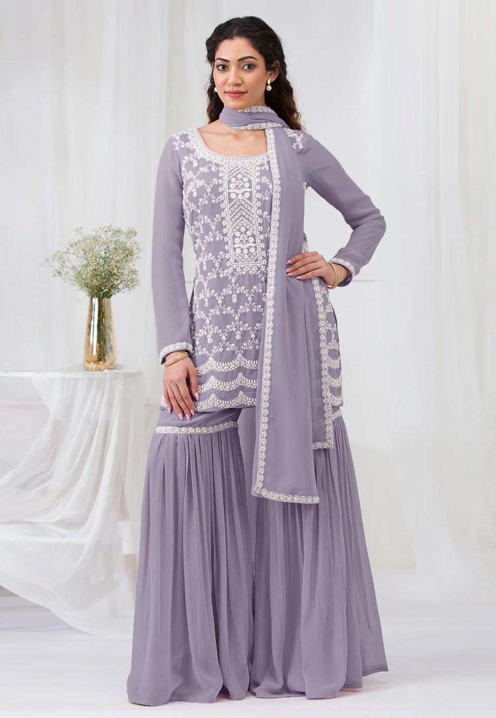 Lavender Faux Georgette Gharara Suit 318389