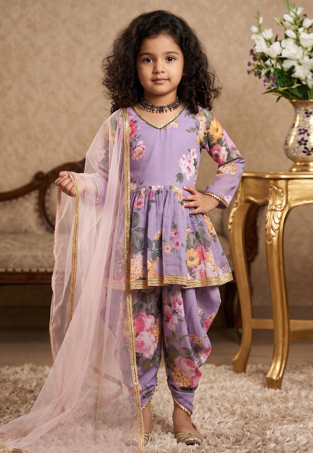 Lavender Faux Georgette Kids Dhoti Salwar Suit 329916