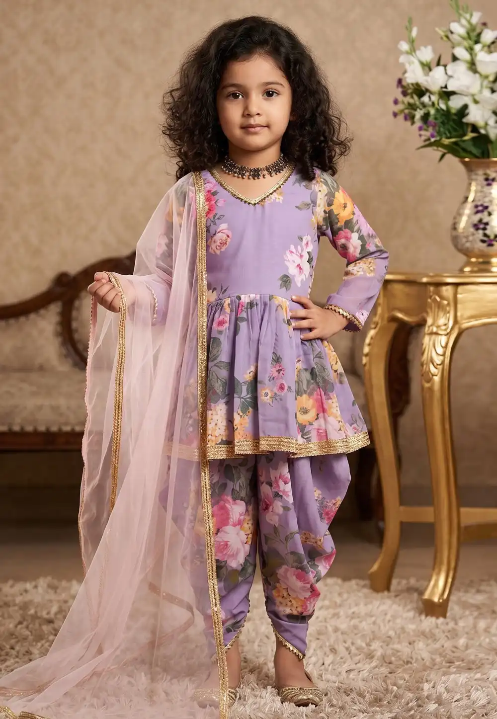 Lavender Faux Georgette Kids Dhoti Salwar Suit 329916