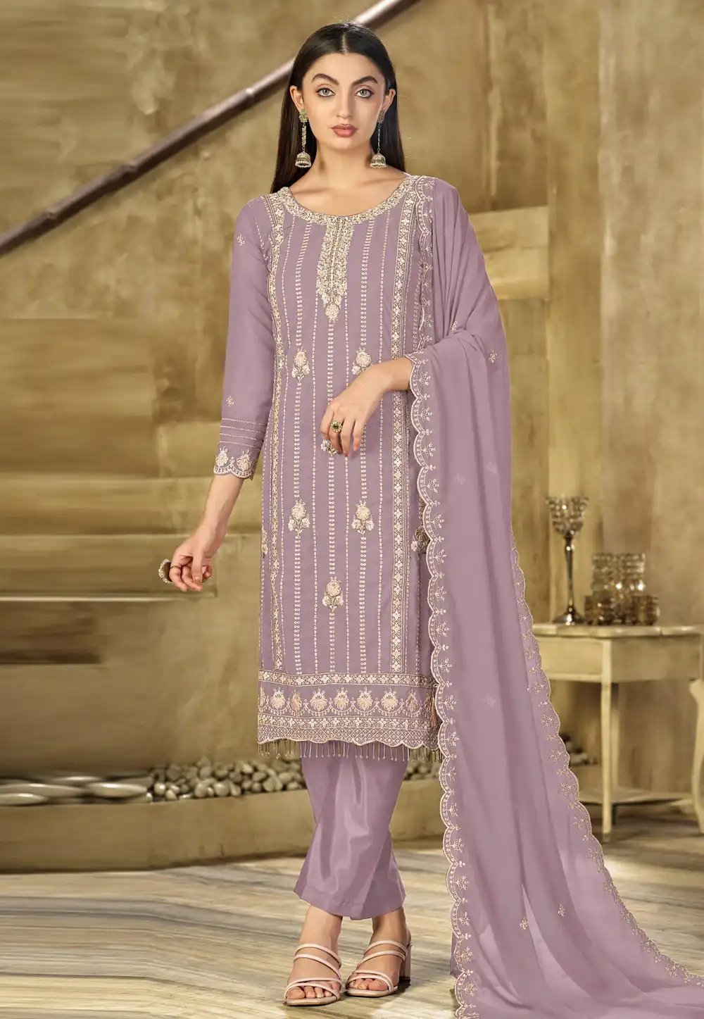 Lavender Faux Georgette Pant Style Suit 316833
