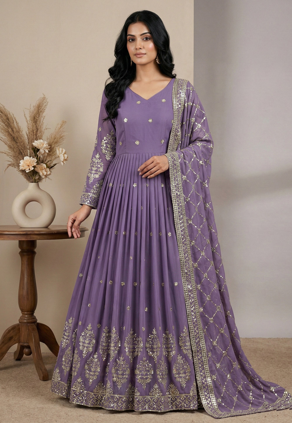 Lavender Faux Georgette Readymade Anarkali Suit 324002