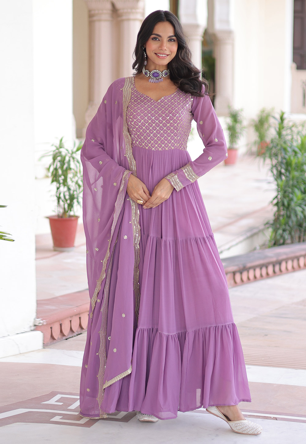 Lavender Faux Georgette Readymade Anarkali Suit 320548