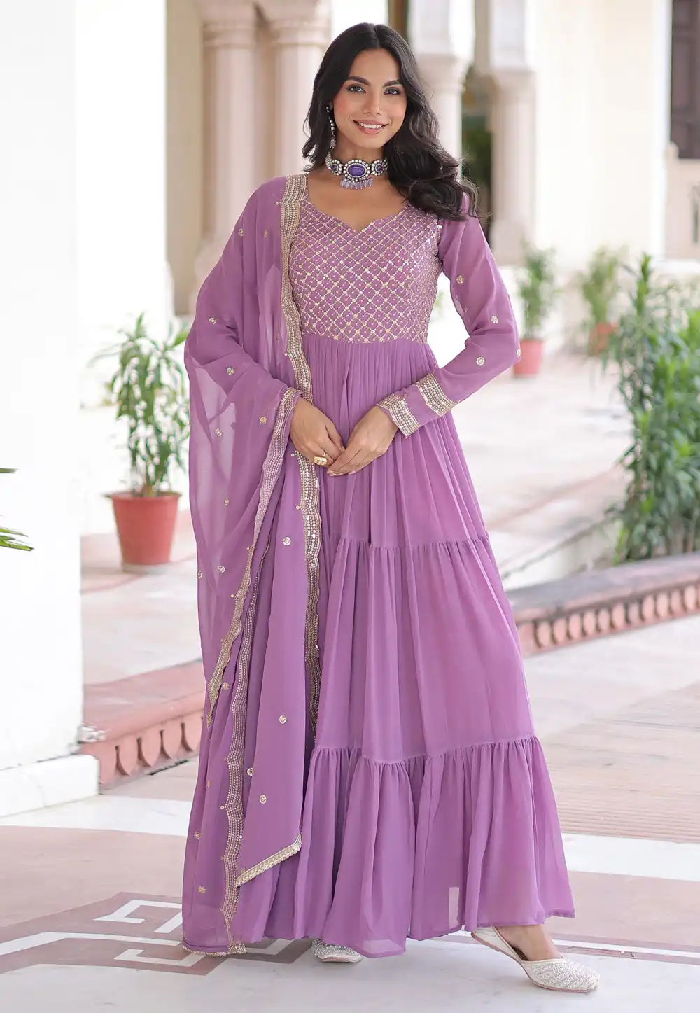 Lavender Faux Georgette Readymade Anarkali Suit 320548