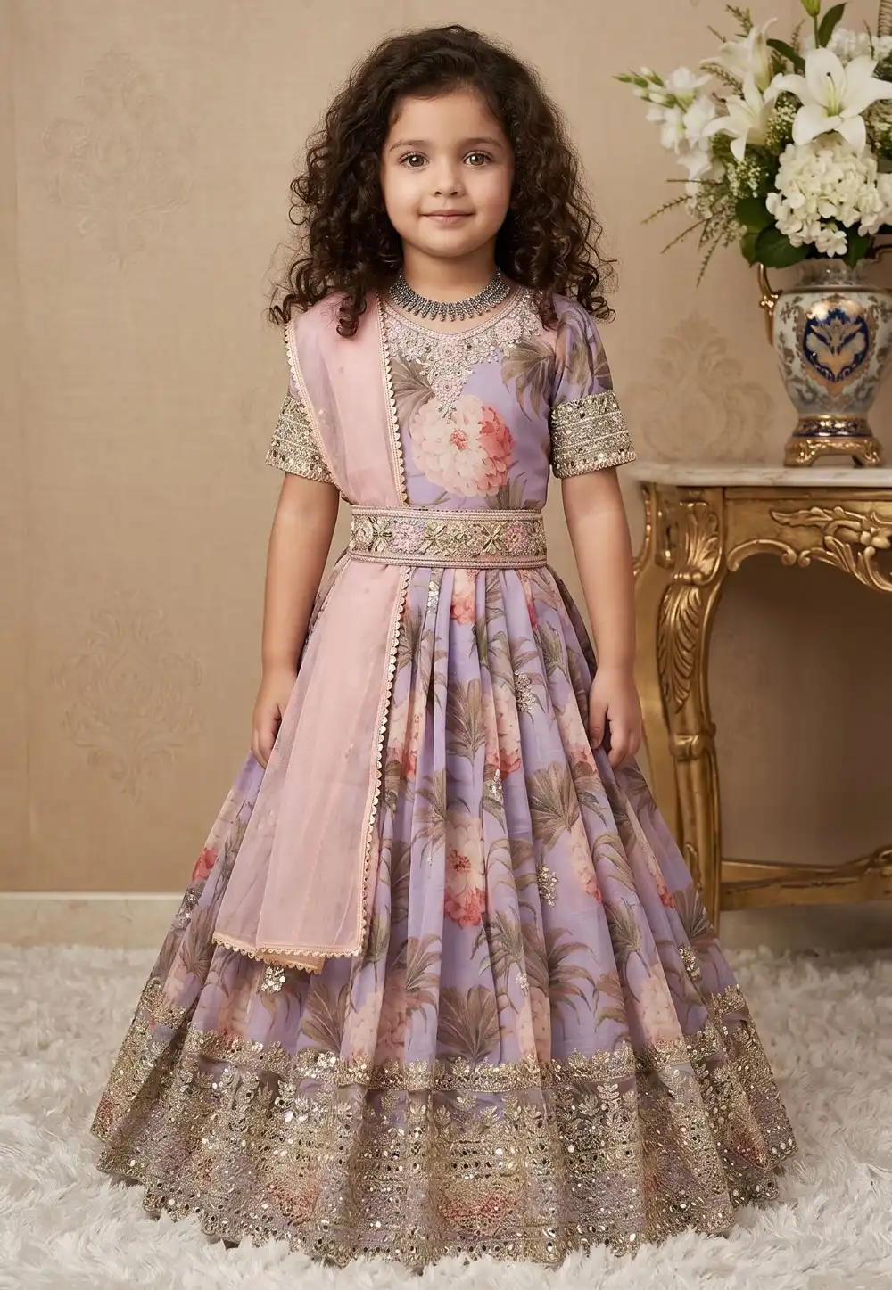 Lavender Faux Georgette Readymade Kids Gown 329929