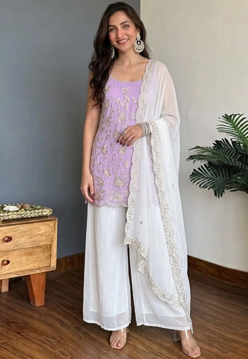 Lavender Faux Georgette Readymade Palazzo Suit 335452