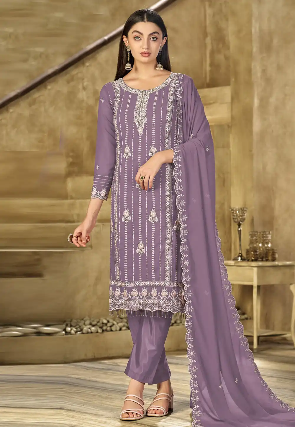 Lavender Faux Georgette Straight Suit 316829