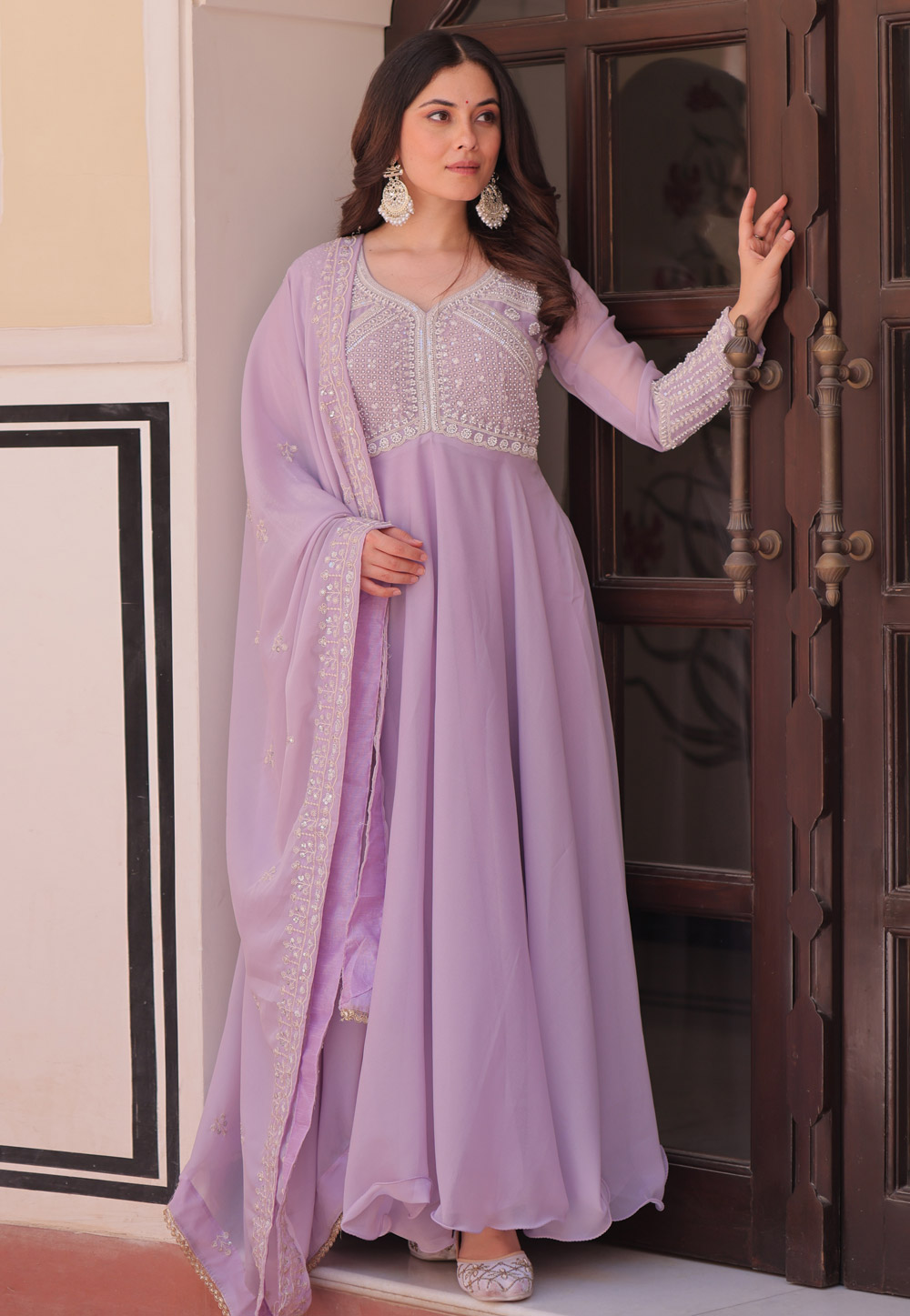 Lavender Georgette Readymade Anarkali Suit 327188