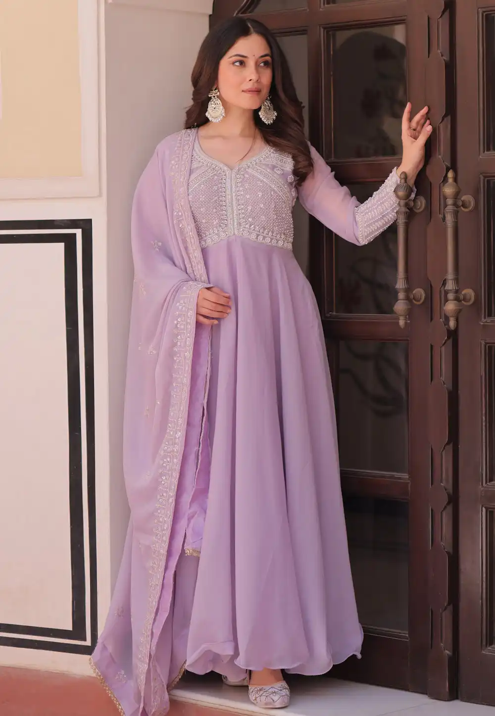 Lavender Georgette Readymade Anarkali Suit 327188
