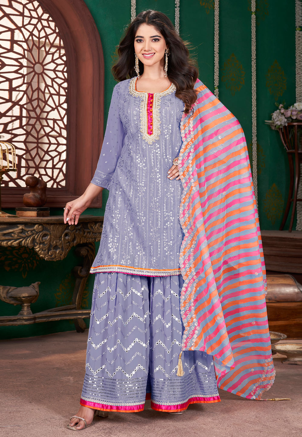 Lavender Georgette Readymade Gharara Suit 307451