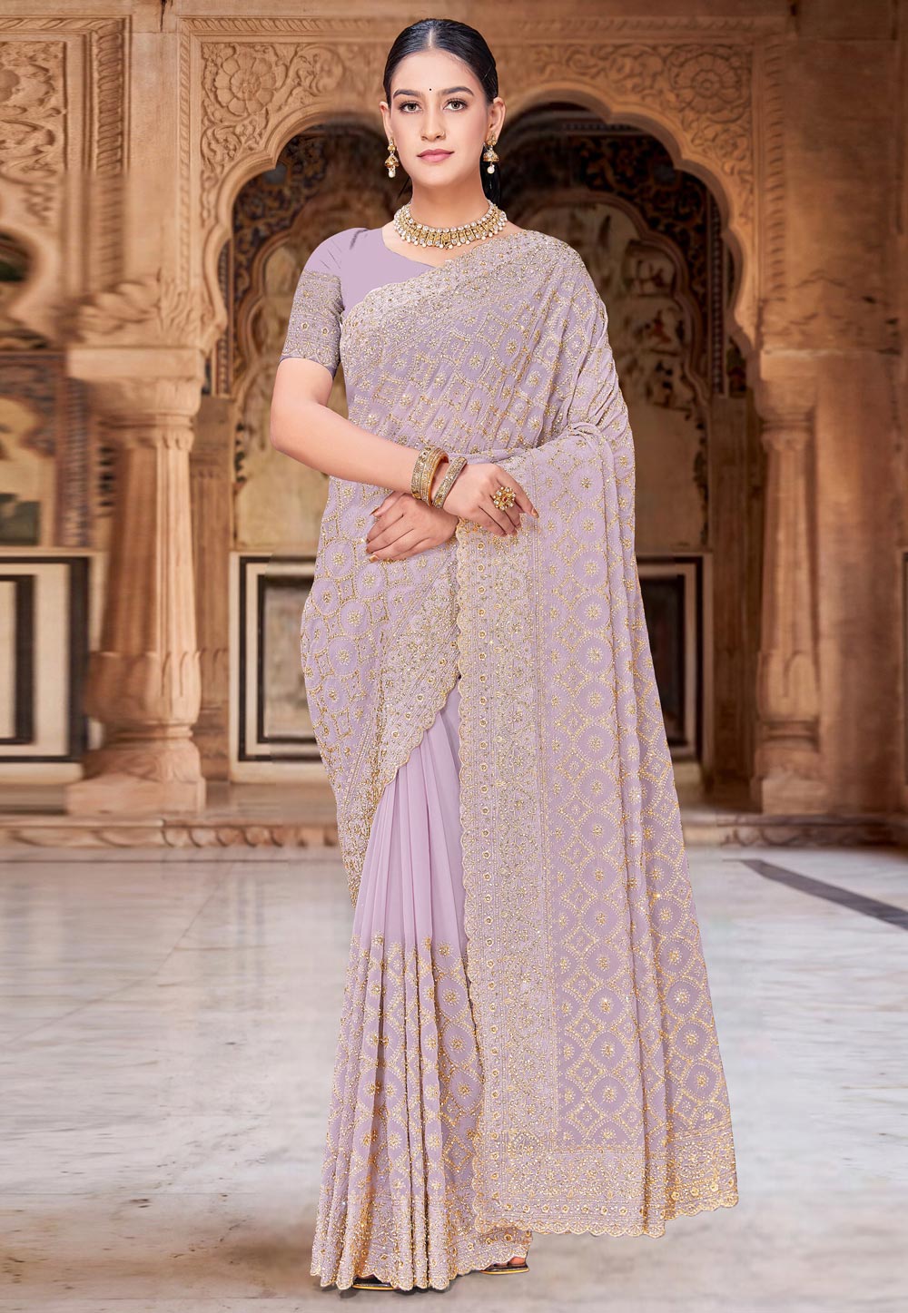 Lavender Georgette Saree With Blouse 330016