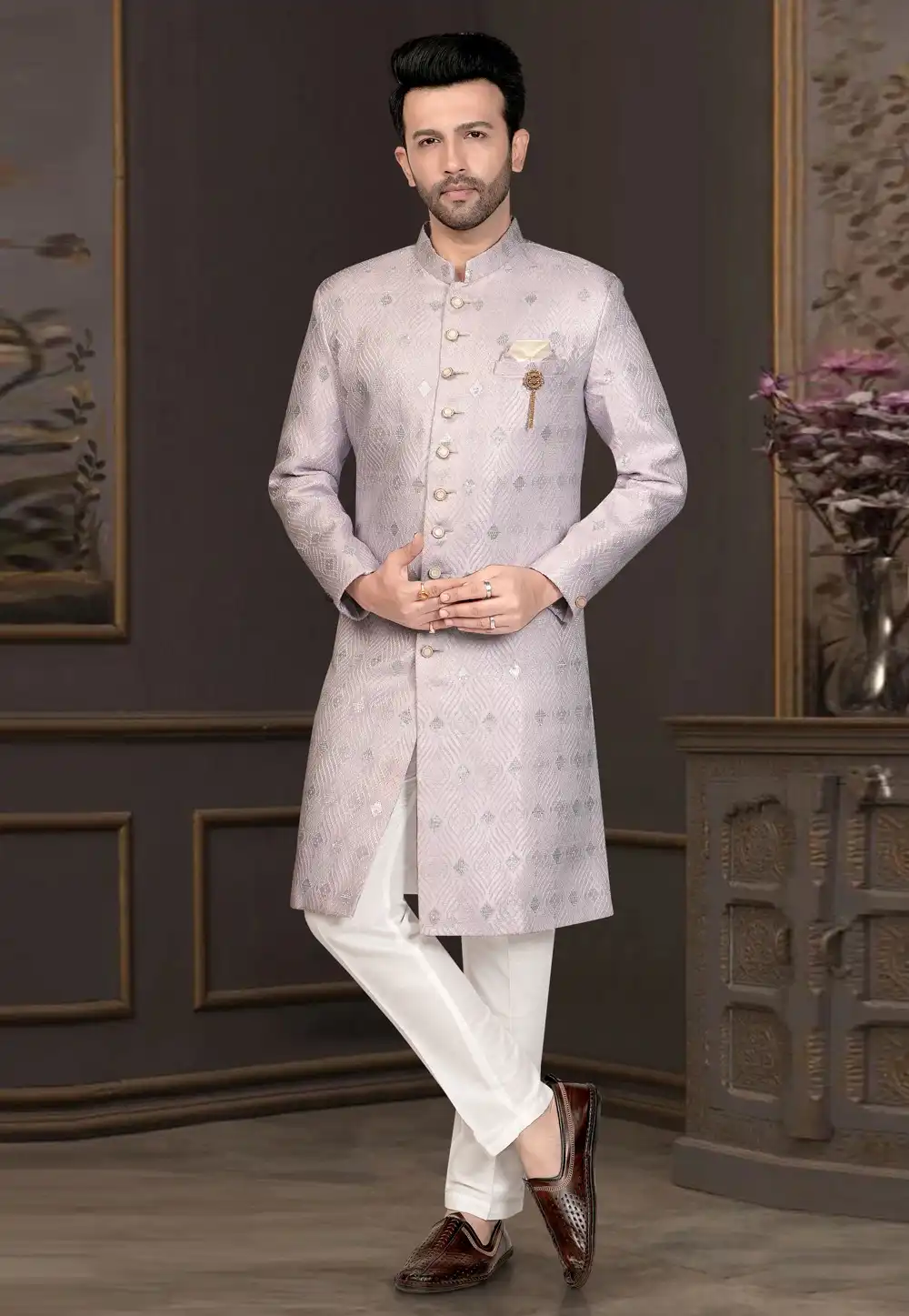 Lavender Jacquard Indo Western Suit 316109