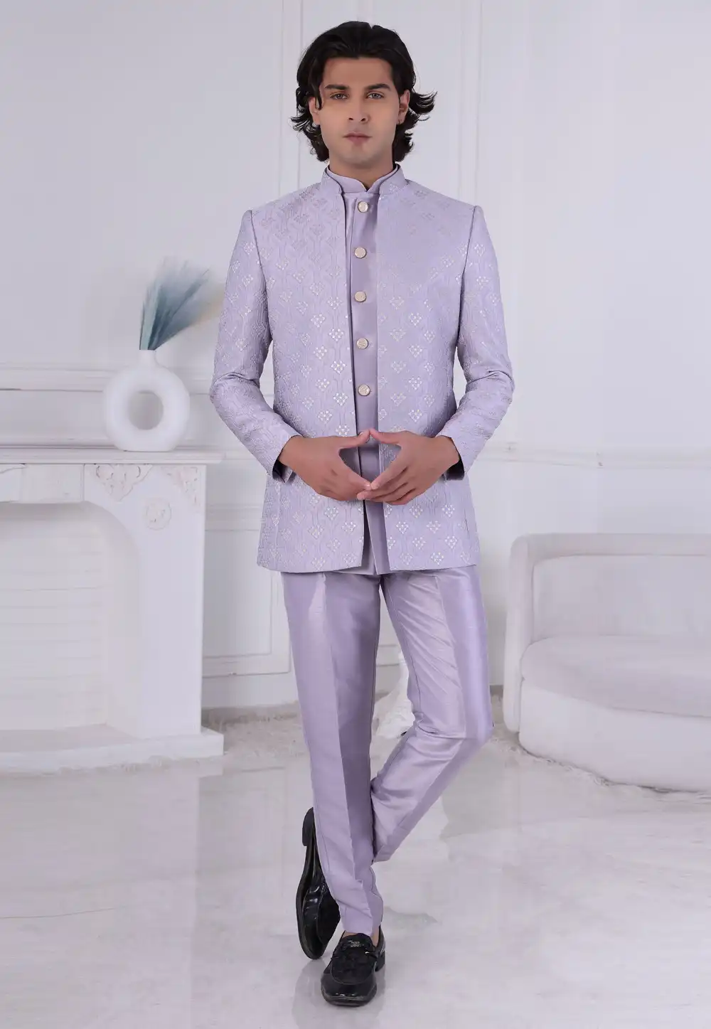 Lavender Jacquard Jodhpuri Suit 315023