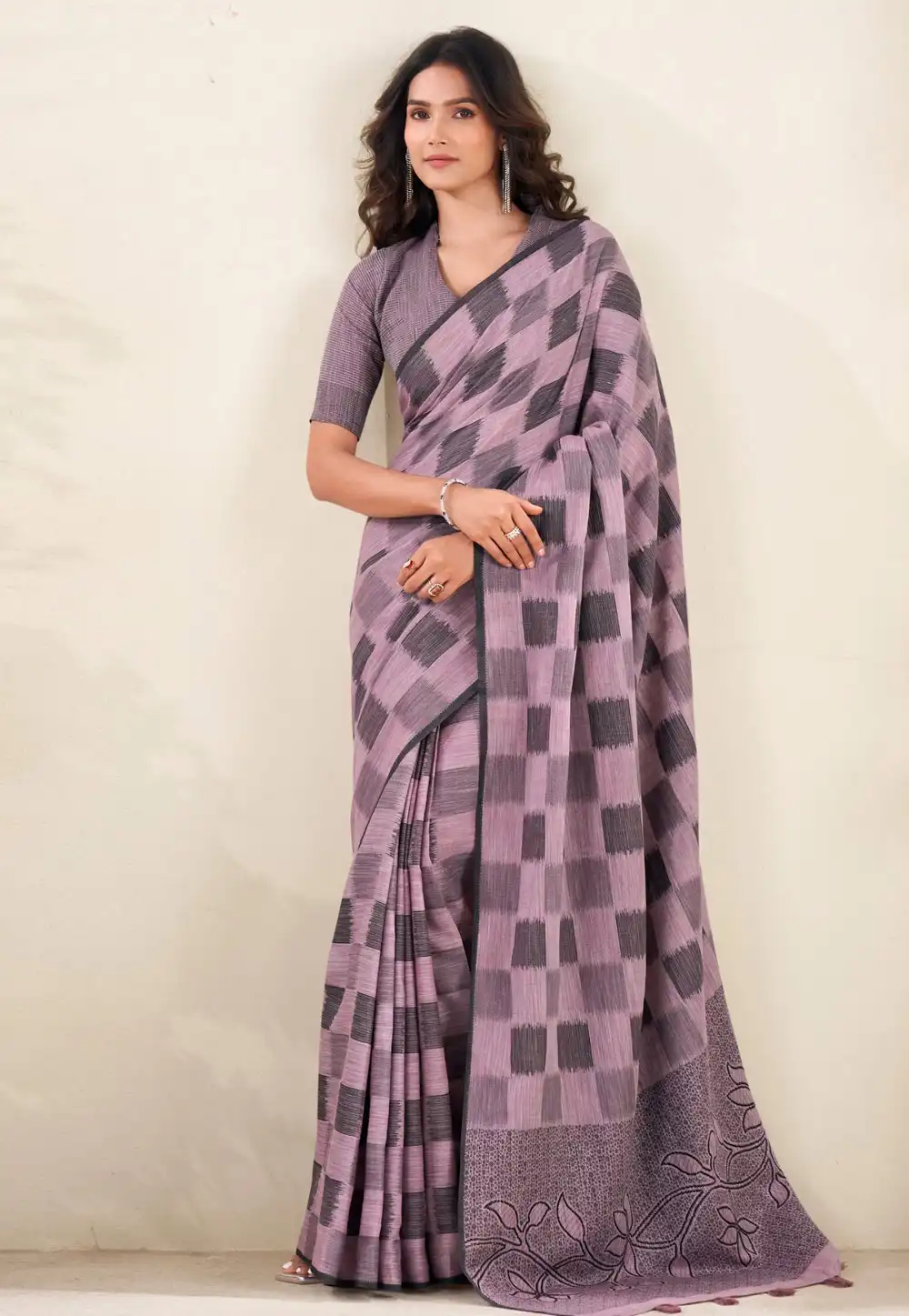 Lavender Linen Saree With Blouse 316620