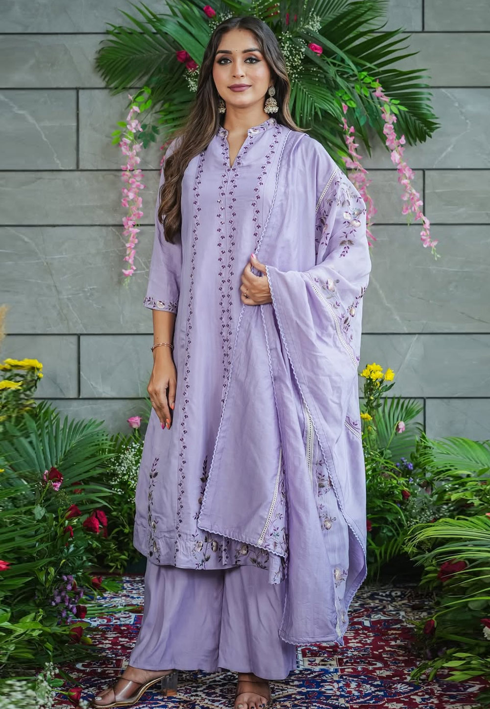 Lavender Muslin Readymade Palazzo Suit 322403