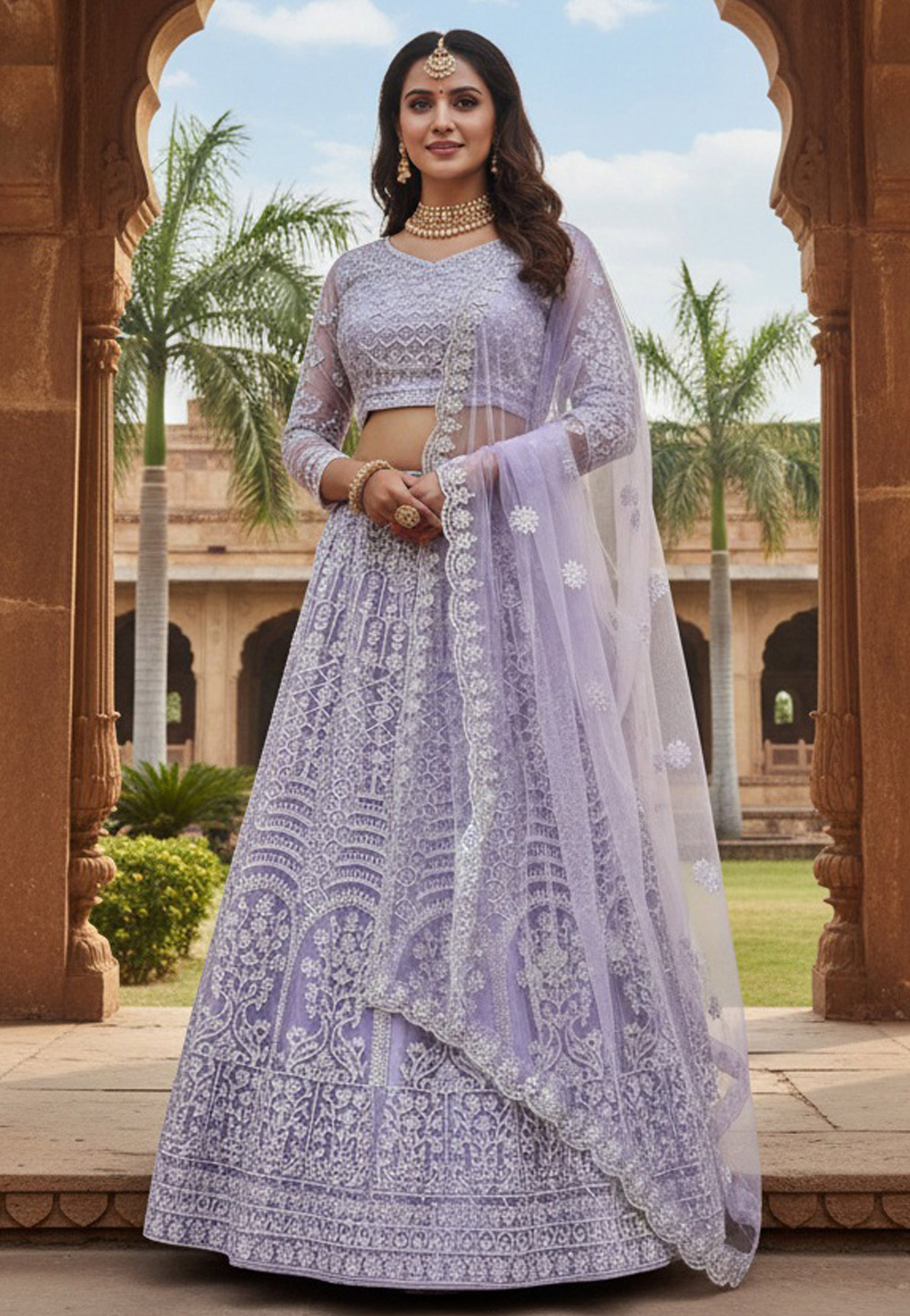 Lavender Net A Line Lehenga Choli 329147