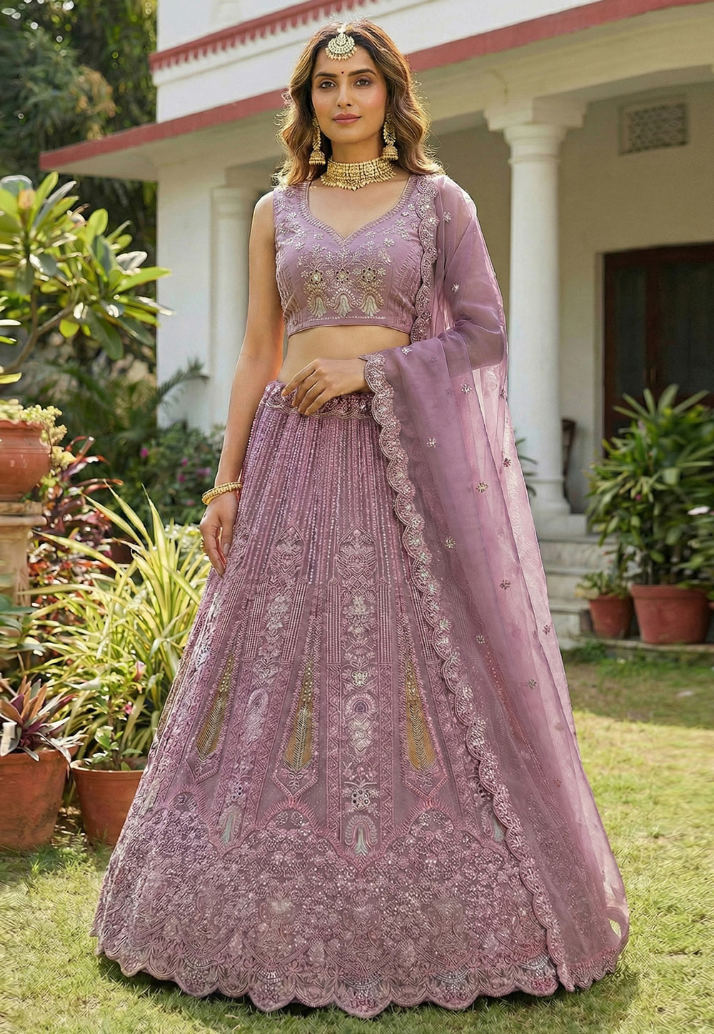 Lavender Net A Line Lehenga Choli 320997