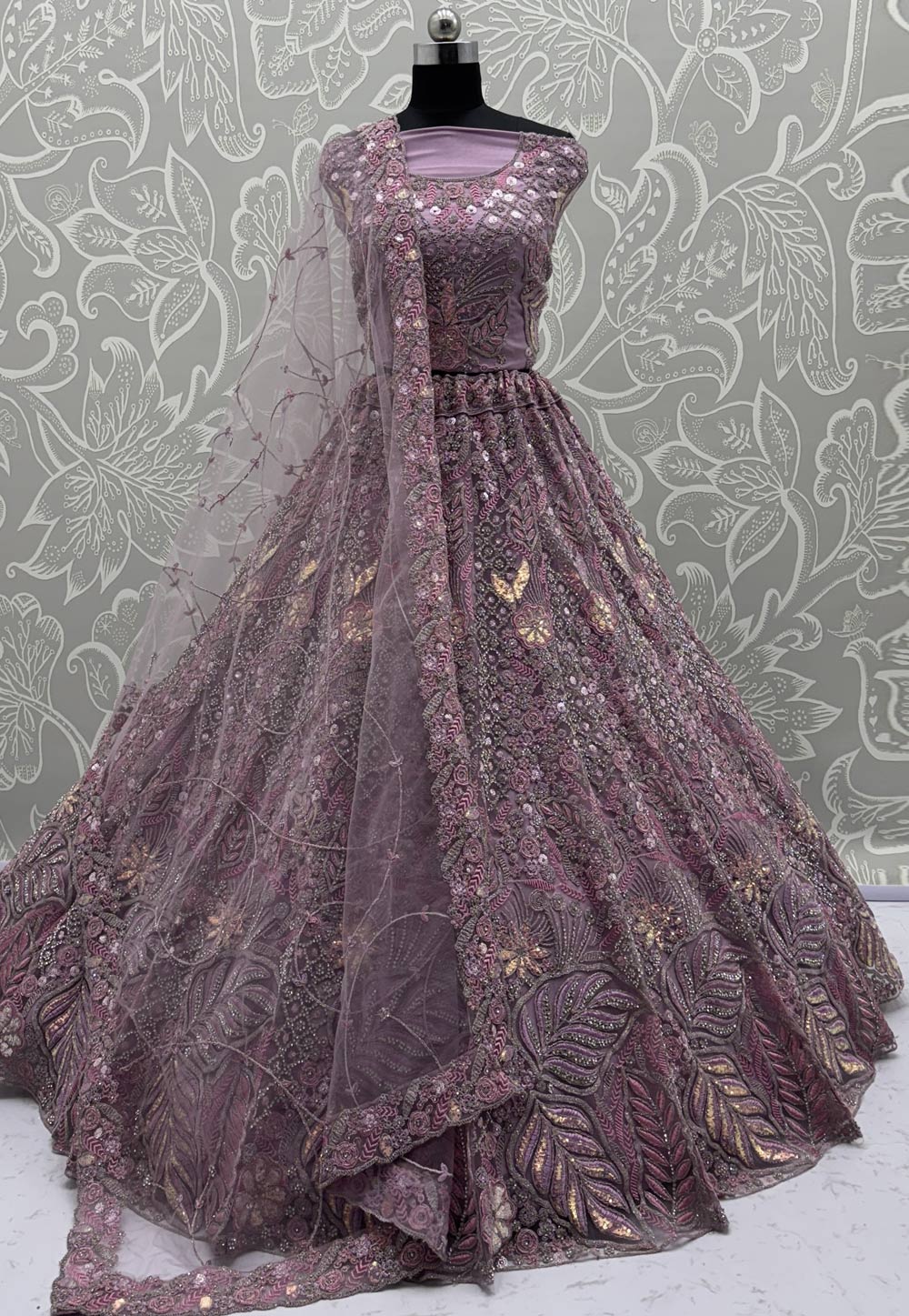 Lavender Net Bridal Lehenga Choli 313612