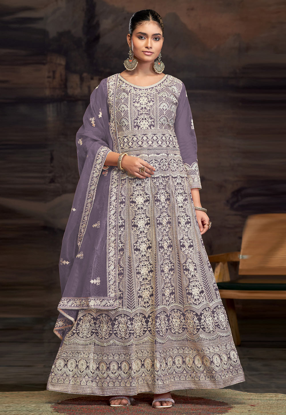 Lavender Net Embroidered Anarkali Suit 307869