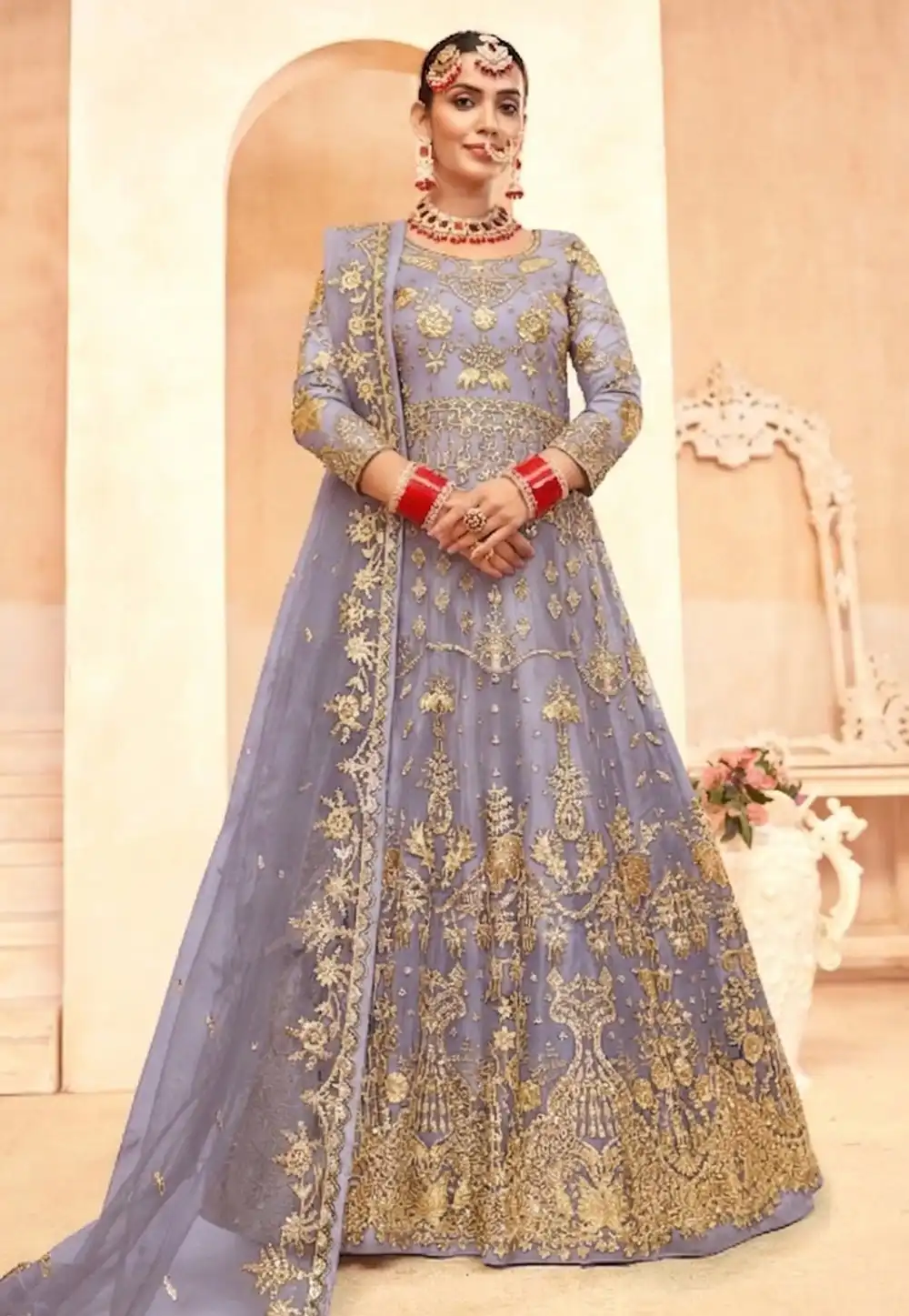 Lavender Net Embroidered Floor Length Anarkali Suit 327713