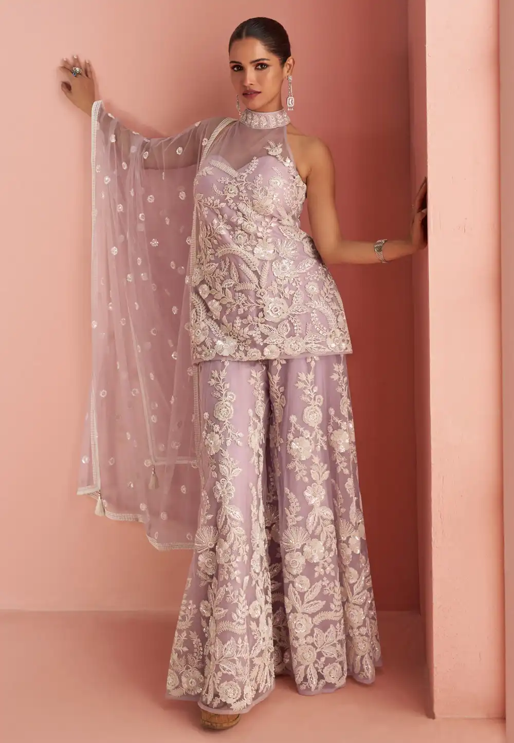 Lavender Net Embroidered Pakistani Suit 322421